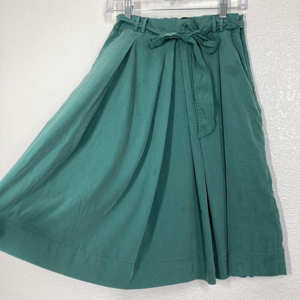 ZARA BASIC Skirt Womens Small Green Pleated Paperbag Midi Tie Waist A-Line